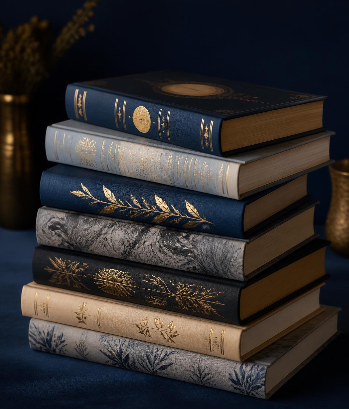 Stack of premium hardcover books with gold-foil details